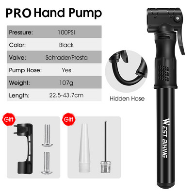 WEST BIKING Nešiojamas MTB dviračių siurblys Mini dviračių padangos balioninis pripūtimas rankinis oro siurblys dviračių priedai kalnų plento dviračių siurblys