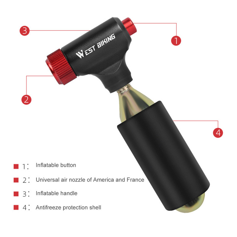 WEST BIKING nešiojamas CO2 siurblys MTB plento dviračio siurblio pripūtimas, skirtas Schrader ir Presta vožtuvo adapterio saugos automatiniam mini rankiniam siurbliui