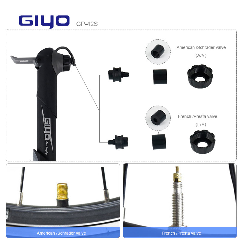 Giyo Compact Cycle Air Inflator Πτυσσόμενη λαβή αντλία ποδηλάτου 120 psi Ποδηλατικό σφαιρικό ελαστικό χειρός ταιριάζει Schrader & Presta GP-42S