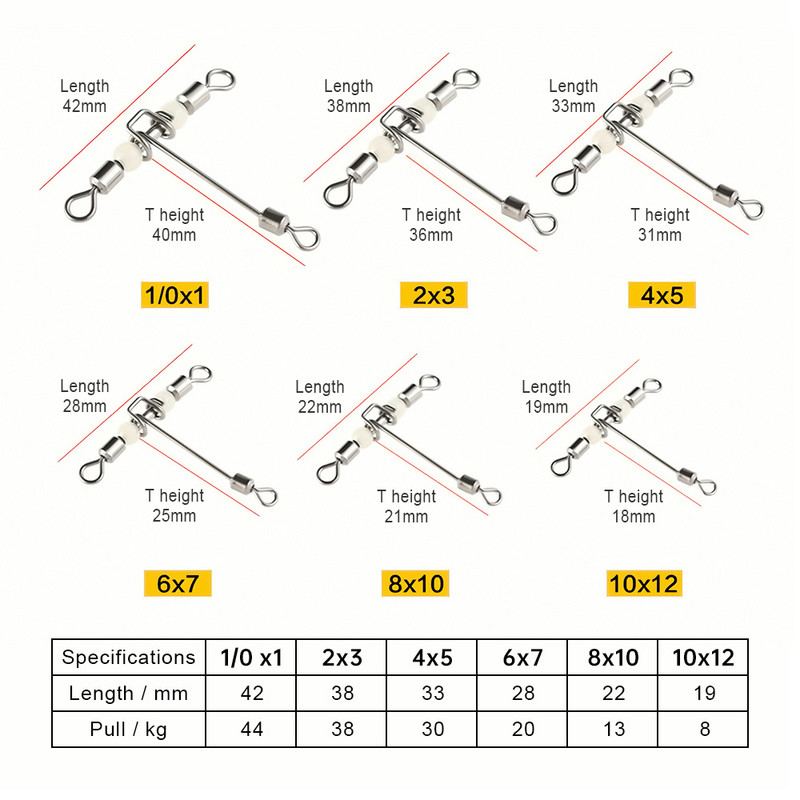 10 buc. pivotante de pescuit luminoase în formă de T, pivotantă cu rulare în 3 căi, pivotant cu linie încrucișată, cu margele, cârlig de pescuit în mare