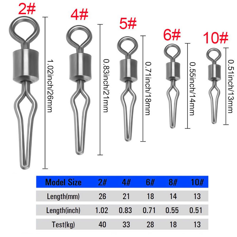 100 db rozsdamentes acél forgó, oldalsó zsinór kapcsos horgász akasztós horgász horgász horgász kellékek