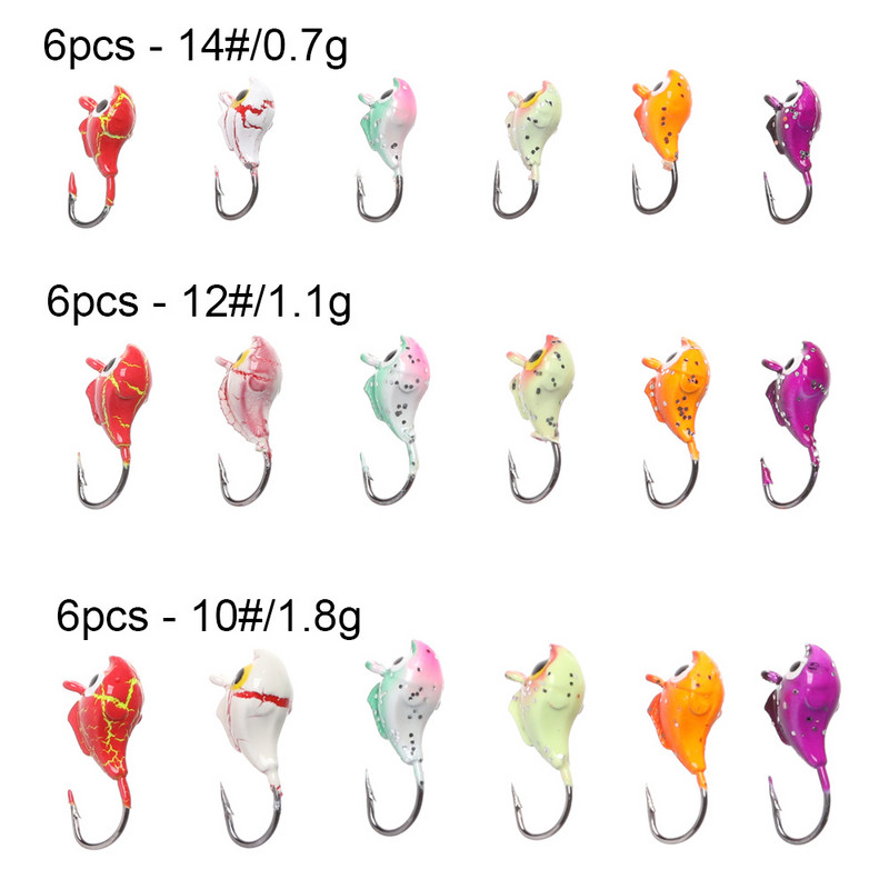 6 tk/komplekt 0,5–1,8 g Talvine jääpüügi lant sipelgakujuline värviline kunstlik pehme sööt Jigipea Väike jääpüügikonks peibutusussi jaoks