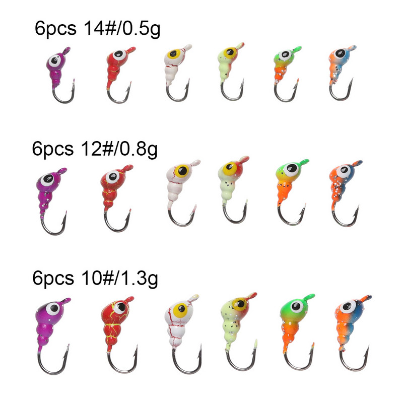 6 tk/komplekt 0,5–1,8 g Talvine jääpüügi lant sipelgakujuline värviline kunstlik pehme sööt Jigipea Väike jääpüügikonks peibutusussi jaoks