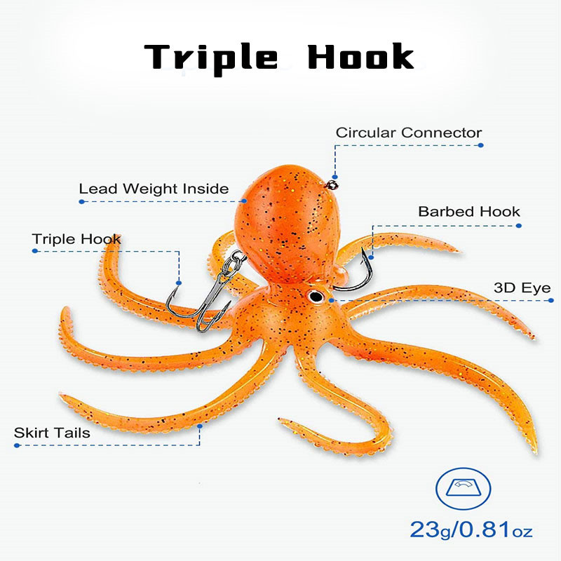 Nalucă de pescuit caracatiță 22 g cârlig dublu momeli moale din silicon artificial 23 g triplu jig care se scufundă caracatiță naluță pentru păstrăv de bas