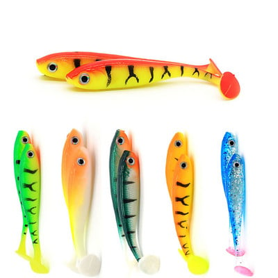 5gab/partija Soft Bait Lure 3D eyes t-tail 70mm 2.1g Vobleri Worm Fishing Silikona zivs mākslīgā ēsma makšķerēšana džiga galvai