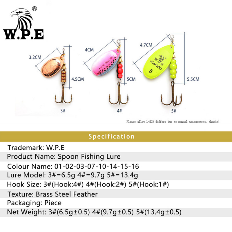 Marca WPE 1 buc. Nalucă Spinner 6,5 g/9,7 g/13,4 g Nalucă de pescuit cu bass Linguriță de metal Nalucă Treble cârlig Aparatură de pescuit Nalucă tare CrankBaits
