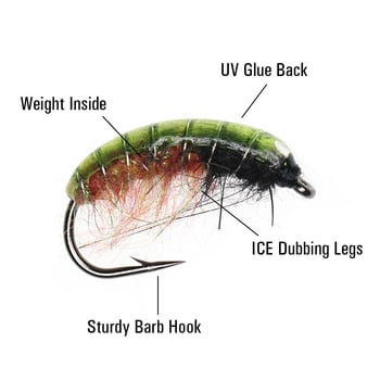 ICERIO 6PCS UV Green Back Nymphs Scud Bug Worm Flies с бодлива кука Пъстърва Риболовна муха Примамка