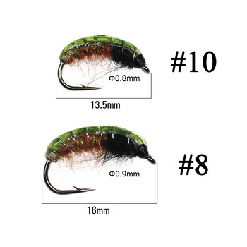 ICERIO 6PCS UV Green Back Nymphs Scud Bug Worm Flies с бодлива кука Пъстърва Риболовна муха Примамка