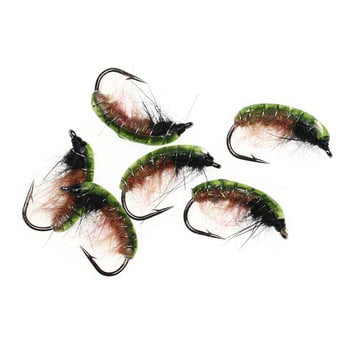 ICERIO 6PCS UV Green Back Nymphs Scud Bug Worm Flies с бодлива кука Пъстърва Риболовна муха Примамка