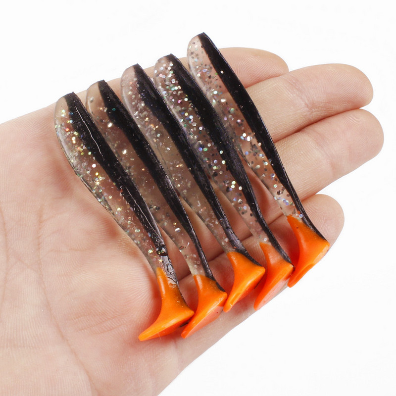 5 buc/lot Naluci moi 50mm 70mm T coada Jigging Naluci de pescuit Wobblers Tackle Dublu Color Bass Stiuca Artificial Silicon Swimbait