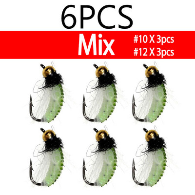 Bimoo 6PCS #10 #12 CDC Feather Hackle Nymph Scud Fly UV Brass Beadhead Wet Bug Worm Forell Fishing Leng Peibutis Kiiresti uppuv