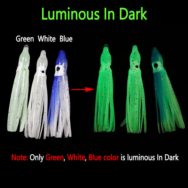 Bimoo 2bags=16db Puha tintahal szoknya horgászfelszerelés tengeri horgászat puha csalik Octopus csali cérna szoknyák keverék színe Lumo piros kék 5 cm