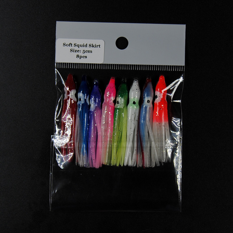 Bimoo 2bags=16db Puha tintahal szoknya horgászfelszerelés tengeri horgászat puha csalik Octopus csali cérna szoknyák keverék színe Lumo piros kék 5 cm