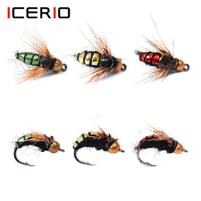 ICERIO 8PCS Bead Head Fast Sinking Nymph Scud Fly Bug Червей Пъстърва Риболовни мухи Изкуствени насекоми Риболовна примамка