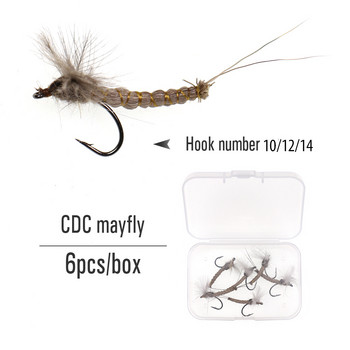 WIFREO 6PCS #10#12 #14 CDC Φτερό Φτερό Mayfly Deer Hair Body Dry Fly Rocky River Trout Fishing Flies Bait Lure