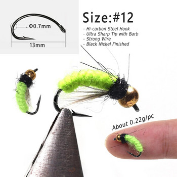 Bimoo 6PCS #12 Fluorescent Nymph Scud Bug Worm Fly UV Brass Bead Head Wet FliesTrout Grayling Fly Bait Lure Бързо потъваща