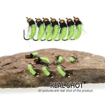 Bimoo 6PCS #12 Fluorescent Nymph Scud Bug Worm Fly UV Brass Bead Head Wet FliesTrout Grayling Fly Bait Lure Бързо потъваща