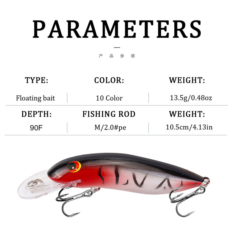 1 tk ujuvad Minnow kalapüügi landid voblerid 10,5 cm 13,4 g tehisplastist kõva sööt Bass haug Pesca Crankbait kalastustarbed