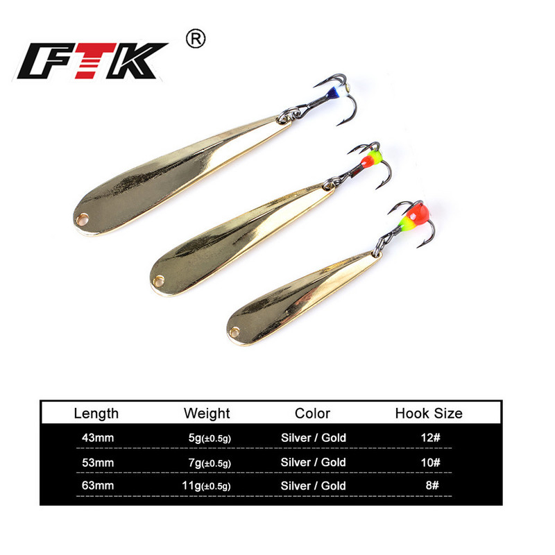 fishking Talvine jääpüügi lant 5g/7g/11g Gold Silver Metal Spoonbait Hard Lanre Treble Hookiga ahvena ja haugi püügiks