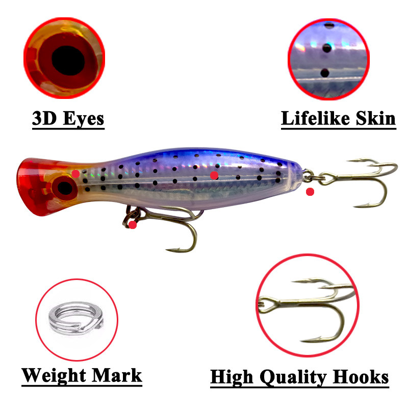 1 TK Sea Fishing Big Popper 12,5cm 40g Laser Coating Top Water Fishing Hard Bait Kunstlikud Crankbait Vooblerid haugi bassile