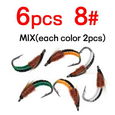 Bimoo 6PCS #8 #10 #12 #14 Realistlik Nymph Scud Fly forellipüügiks Nymph Kunstlik putukate sööt Caddis Nymph Fishing Fly