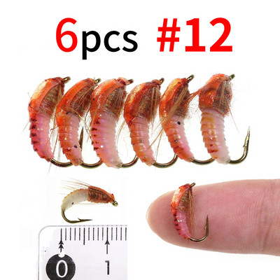 Bimoo 6PCS #8 #10 #12 #14 Realistlik Nymph Scud Fly forellipüügiks Nymph Kunstlik putukate sööt Caddis Nymph Fishing Fly