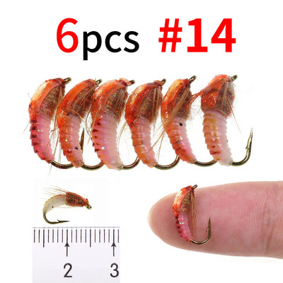 Bimoo 6PCS #8 #10 #12 #14 Realistlik Nymph Scud Fly forellipüügiks Nymph Kunstlik putukate sööt Caddis Nymph Fishing Fly