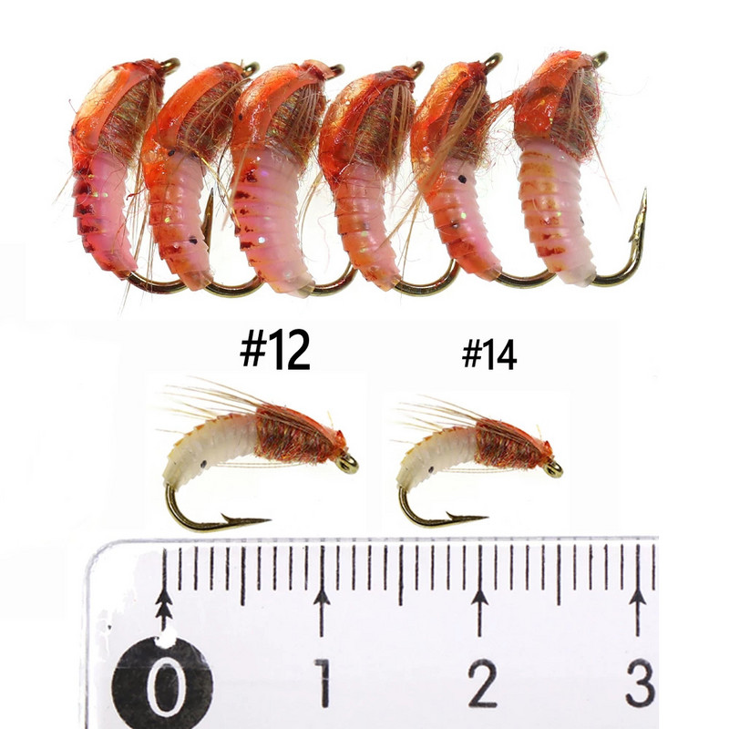 Bimoo 6PCS #8 #10 #12 #14 Realistlik Nymph Scud Fly forellipüügiks Nymph Kunstlik putukate sööt Caddis Nymph Fishing Fly