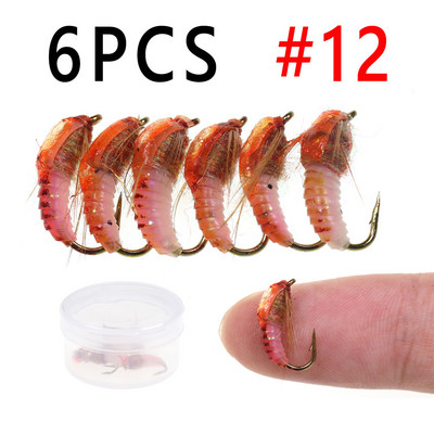 Bimoo 6PCS #12 #14 Classic Nymph Scud Fly Bug Worm for Trout Fishing Flies Nymphs Insect Bait Lure Καφέ Χρώμα