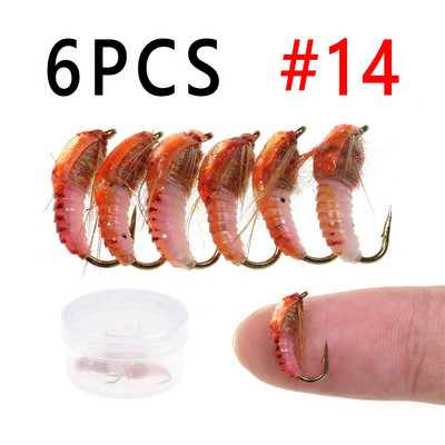 Bimoo 6PCS #12 #14 Classic Nymph Scud Fly Bug Worm for Trout Fishing Flies Nymphs Insect Bait Lure Καφέ Χρώμα