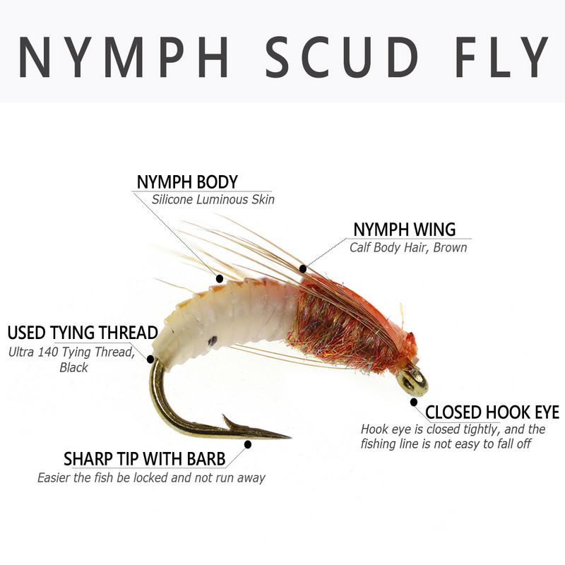 Bimoo 6PCS #12 #14 Classic Nymph Scud Fly Bug Worm for Trout Fishing Flies Nymphs Insect Bait Lure Καφέ Χρώμα