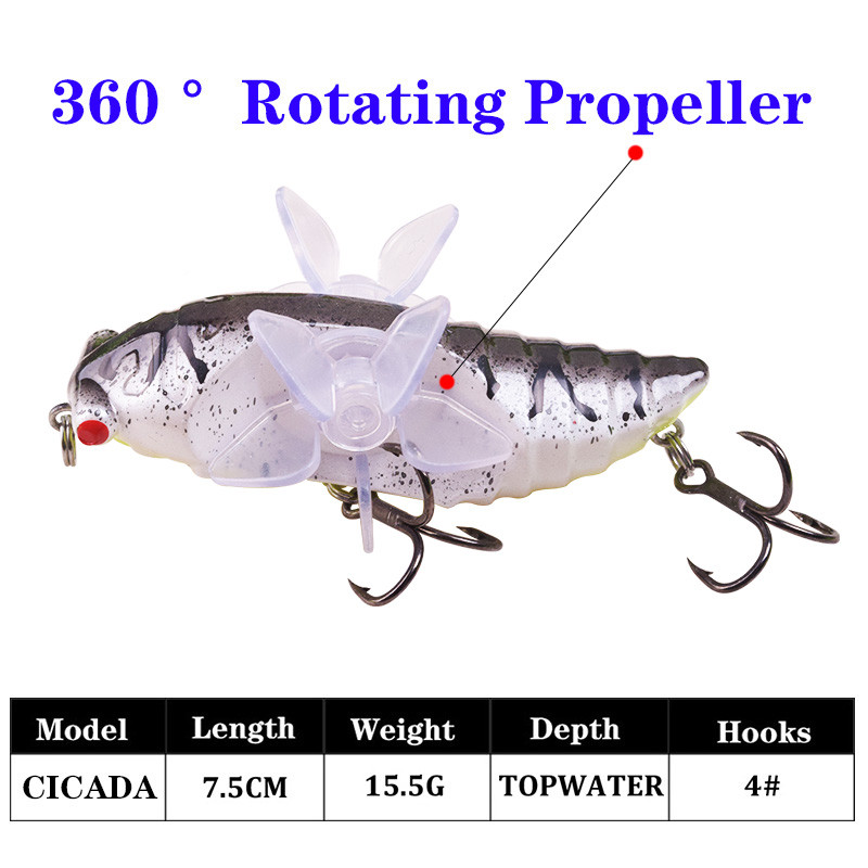 1 buc. Naluci de pescuit Cicada Whopper Topwater Popper 7,5 cm 15,5 g Momeală artificială Wobblers rotativ cu elice dublă Trolling Tackle