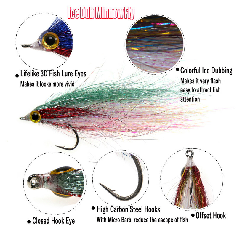 Wifreo 6 buc. Gheață rănită Dub Minnow Muște de pescuit cu muscă Naluci realiste pentru momeală pentru somon, păstrăv, biban de mare, Steelhead