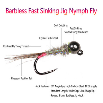 Bimoo 6τμχ Fluorescent Fast Sinking Barbless Tungsten Headhead Jig Nymph Fly Euro Perdigon Nymphs Trout Fishing Fly Lures Bait