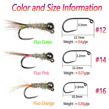 Bimoo 6τμχ Fluorescent Fast Sinking Barbless Tungsten Headhead Jig Nymph Fly Euro Perdigon Nymphs Trout Fishing Fly Lures Bait