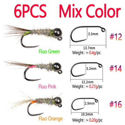 Bimoo 6tk Fluorestseeruv Kiiresti uppuv Obarvaba Volframpea Jig Nymph Fly Euro Perdigon Nymphs Forellipüügi Kärbsepeibutis Söödad