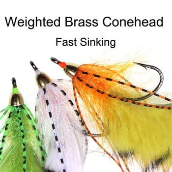 3 τμχ #1/0 Λαβράκι Pike Salmon Fishing Lure Brass Conehead Zonker Streamer Flies Παραλλαγή Πορτοκαλί Λευκό Κίτρινο