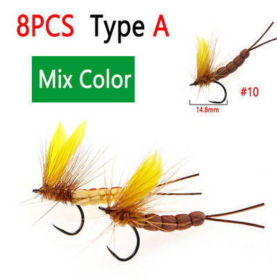 Bimoo 8PCS #8 #10 Yellow Drake Feather Wing Mayfly Barbed and Barbless Dry Fly Rocky River Bass Forell Fishing Lens Peibutis