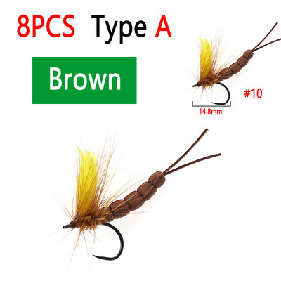 Bimoo 8PCS #8 #10 Yellow Drake Feather Wing Mayfly Barbed and Barbless Dry Fly Rocky River Bass Forell Fishing Lens Peibutis