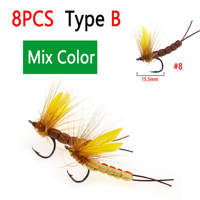 Bimoo 8PCS #8 #10 Yellow Drake Feather Wing Mayfly Barbed and Barbless Dry Fly Rocky River Bass Forell Fishing Lens Peibutis