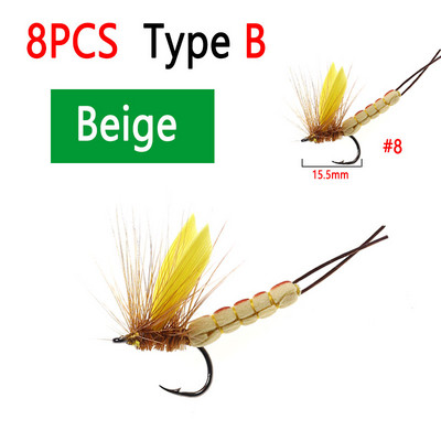 Bimoo 8PCS #8 #10 Yellow Drake Feather Wing Mayfly Barbed and Barbless Dry Fly Rocky River Bass Forell Fishing Lens Peibutis