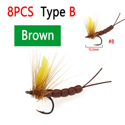 Bimoo 8PCS #8 #10 Yellow Drake Feather Wing Mayfly Barbed and Barbless Dry Fly Rocky River Bass Forell Fishing Lens Peibutis