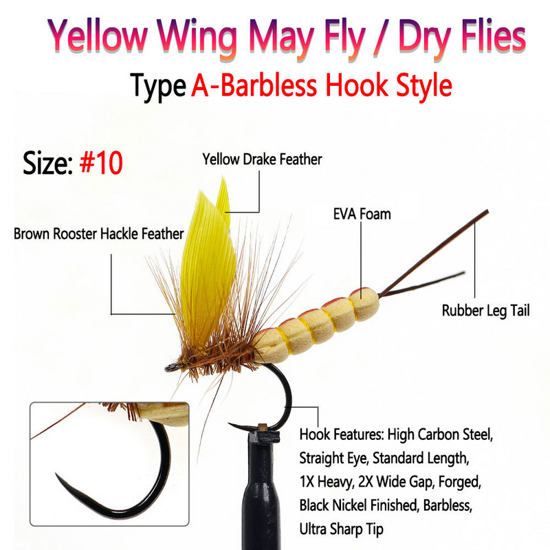 Bimoo 8PCS #8 #10 Yellow Drake Feather Wing Mayfly Barbed and Barbless Dry Fly Rocky River Bass Pisztráng horgászat legyek csali csali
