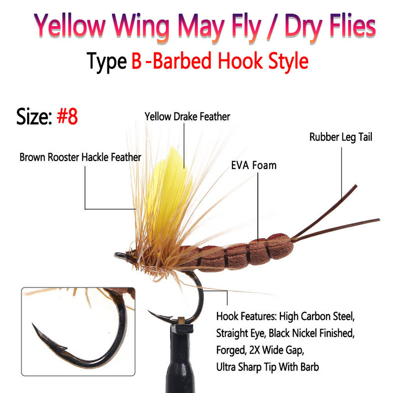 Bimoo 8PCS #8 #10 Yellow Drake Feather Wing Mayfly Barbed and Barbless Dry Fly Rocky River Bass Pisztráng horgászat legyek csali csali