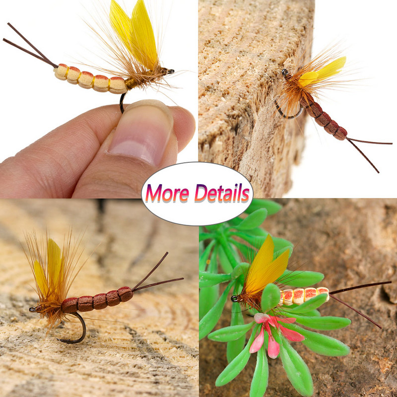 Bimoo 8PCS #8 #10 Yellow Drake Feather Wing Mayfly Barbed and Barbless Dry Fly Rocky River Bass Pisztráng horgászat legyek csali csali
