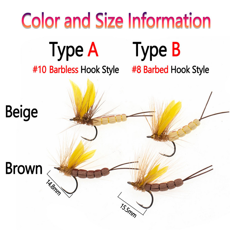 Bimoo 8PCS #8 #10 Yellow Drake Feather Wing Mayfly Barbed and Barbless Dry Fly Rocky River Bass Pisztráng horgászat legyek csali csali