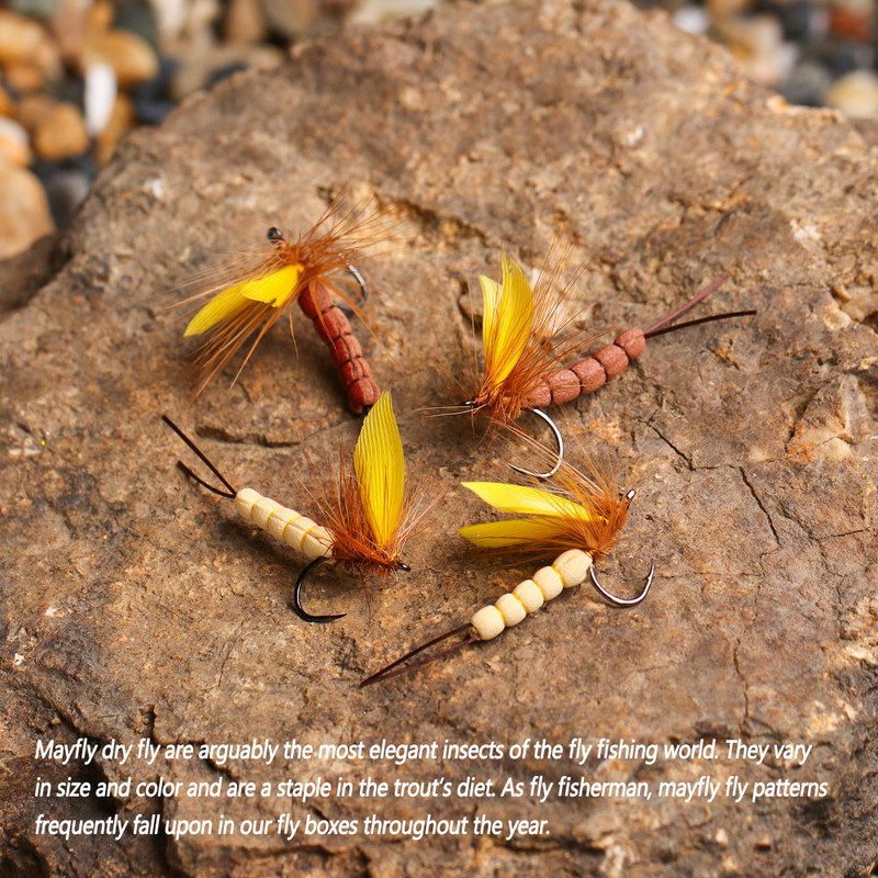 Bimoo 8PCS #8 #10 Yellow Drake Feather Wing Mayfly Barbed and Barbless Dry Fly Rocky River Bass Pisztráng horgászat legyek csali csali