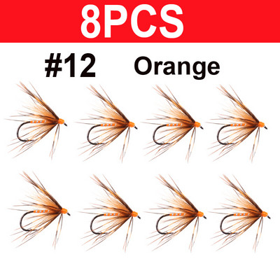 Vampfly 8PCS, 12-es méret Tenkara Nymph Wet Fly Trout Fishing Fly Puha Hackle Pókpisztráng legyek Csali csali Fekete narancssárga