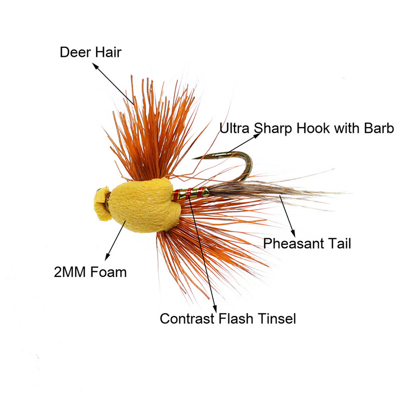 Vampfly 6TK hirvekarva vaht mardikas ujuv kärbs, kuivkärbes kunstputukate kalasööt forellipüügiks Suurus 12# 14#