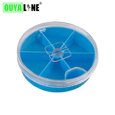 Uus multifunktsionaalne sinine mini 5/6 võrega ümmargune tarvikute hoiukohver Kaasaskantav läbipaistev 360° pöörlev lendav kalastustarvete kast